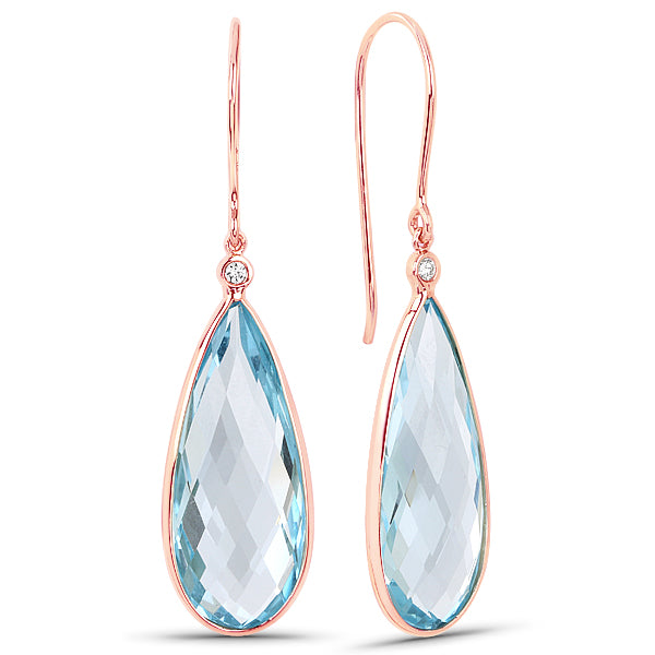 Yellow, white or Rose Gold Diamond Blue Topaz Tear Briolette Drop Earrings