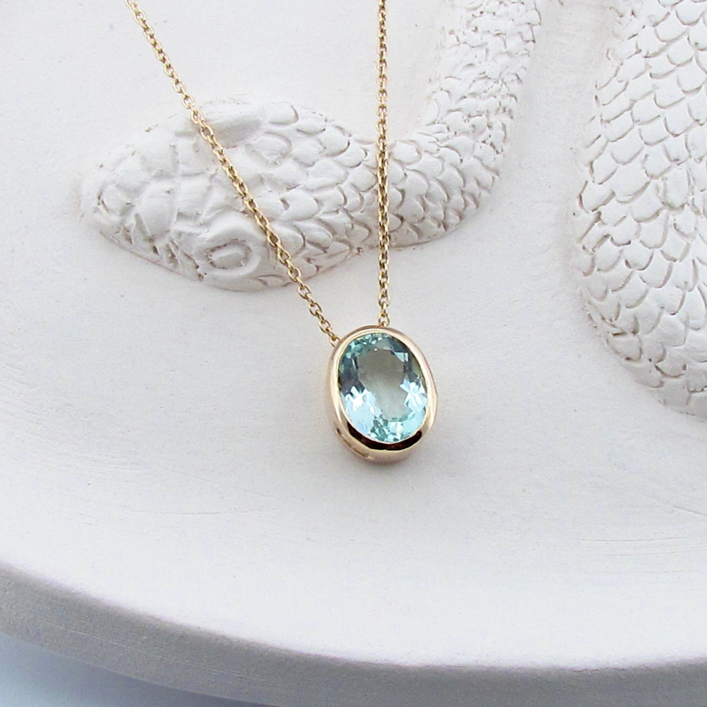 OOAK Yellow Gold Oval Aquamarine Necklace