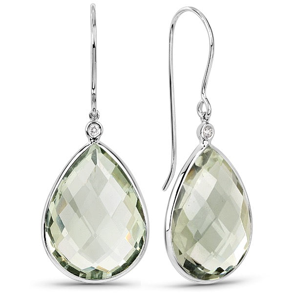 Yellow, white or Rose Gold Diamond Green Quartz Pear Briolette wide Tear Drop Earrings