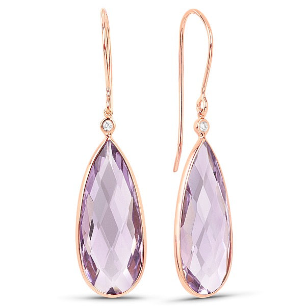 Rose Gold Diamond Rose Amethyst Tear  Briolette Drop Earrings