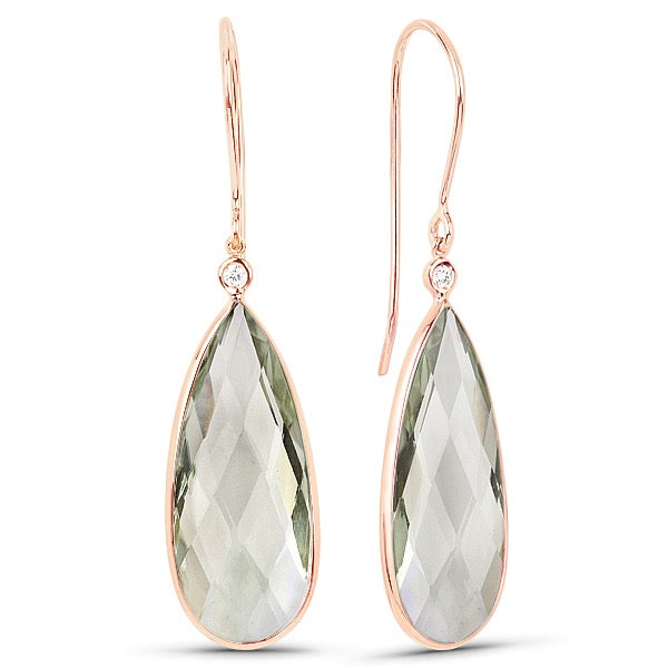 Yellow, white or Rose Gold Diamond Green Quartz Tear Briolette Drop Earrings