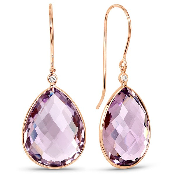 White or Rose Gold Diamond Rose Amethyst  Pear Briolette wide Drop Earrings