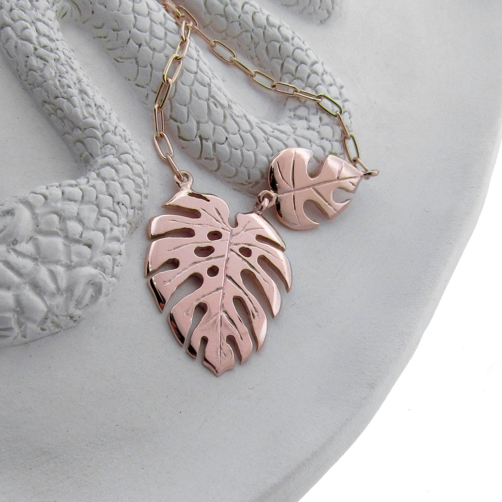 Rose Gold Large and Mini Monstera Leaf Necklace