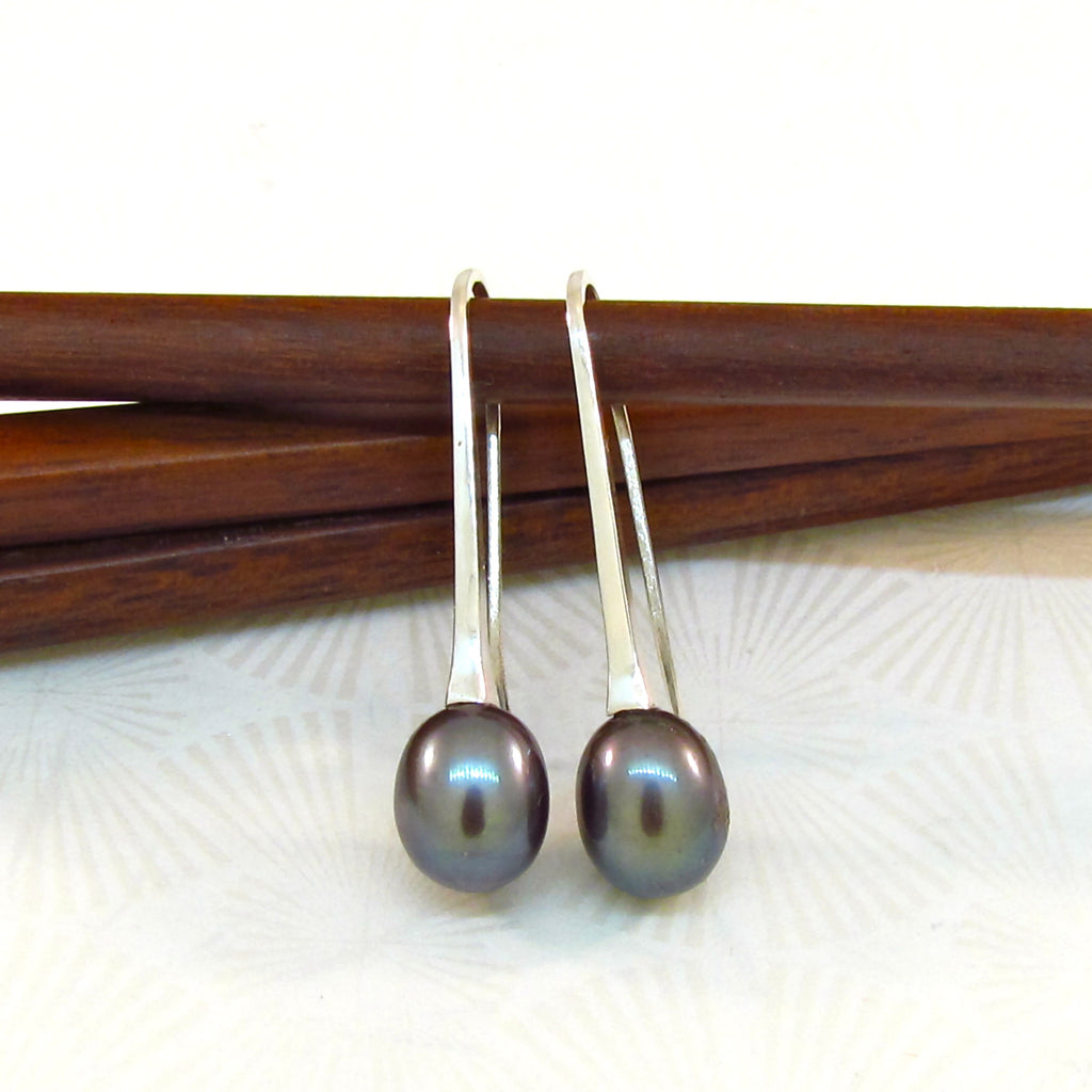 Sterling Silver Black Pearl  Medium Drop Earrings