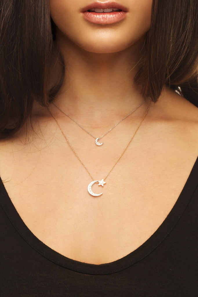 White and Rose Gold Diamond Medium Moon & Baby Star Necklace