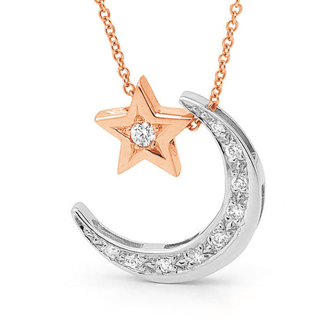 White and Rose Gold Diamond Medium Moon & Baby Star Necklace