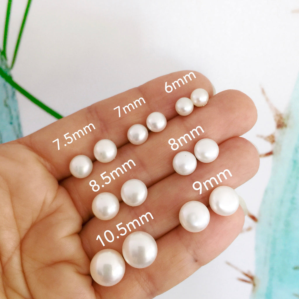 sterling silver White freshwater pearl button studs- Various sizes